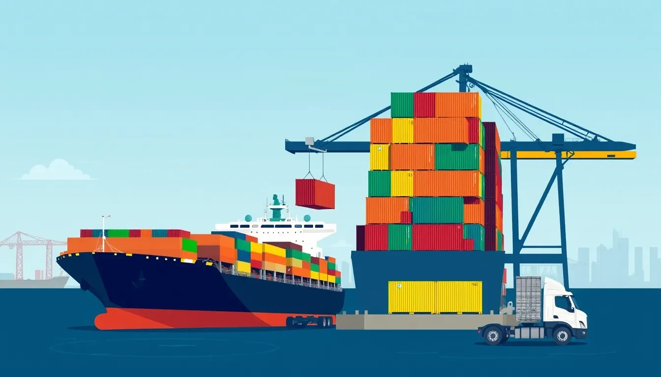 A container ship docked under a gantry crane at a busy port