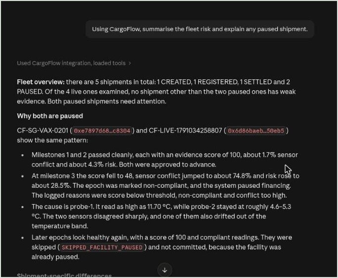 Claude summarises fleet risk from live testnet data and explains the paused shipment