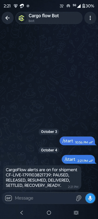 Phone recording: alerts on, RELEASED, RELEASED, PAUSED, then RECOVERY_READY with a link to the recovery page