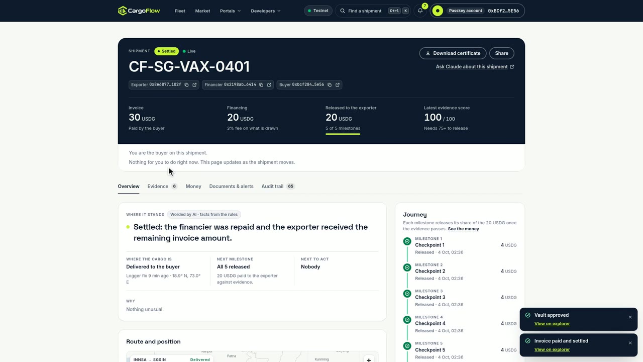 Settled with a passkey. CF-SG-VAX-0401, paid by Wei Lin's passkey smart account.